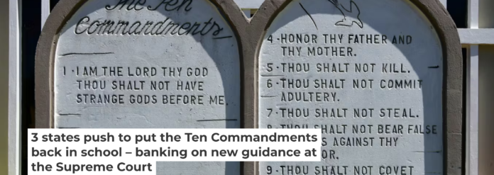 Louisiana, Arkansas and Texas have all passed laws – now on hold – to mandate the biblical laws’ display in classrooms. mtcurado/iStock via Getty Images Plus Louisiana, Arkansas and Texas have all passed laws – now on hold – to mandate the biblical laws’ display in classrooms. mtcurado/iStock via Getty Images Plus